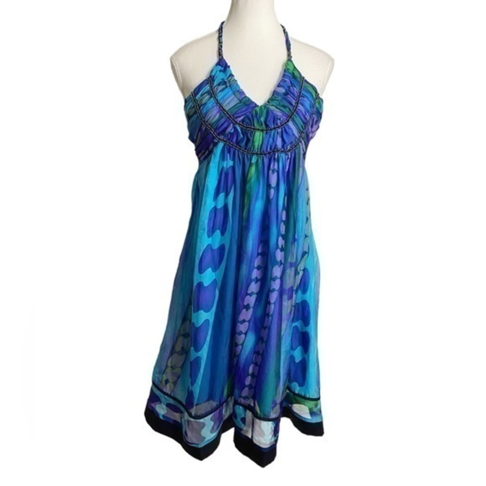 Lucy Paris Boho Watercolor Print Midi Halter Dress with Beading